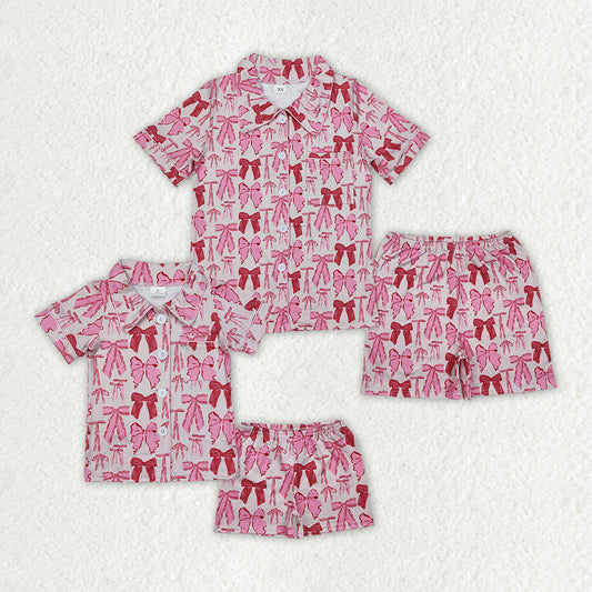 Adult pink bow button up set