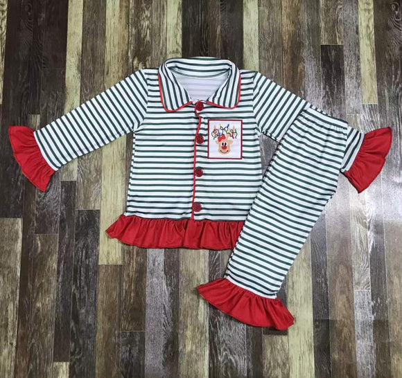 Striped Reindeer ruffle button up 2 piece set